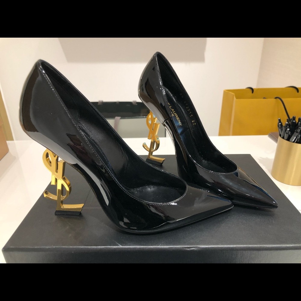 💯 Authentic Saint Laurent Opyum YSL Gold Logo Heel Black Patent Point Toe Pumps